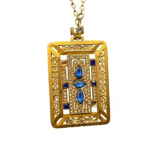 VTG Lidz Bros Blue Crystal Clear Rhinestone Filigree Square Pendant Chain Long N
